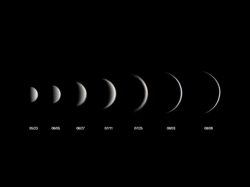 Phases of Venus Roberto Ortu, Cabras, Sardinia, Italy, 23 May-8 August 2023 Equipment: QHY5L-II colour CMOS camera, Celestron PowerSeeker 114 Newtonian, Celestron CGEM II EQ mount