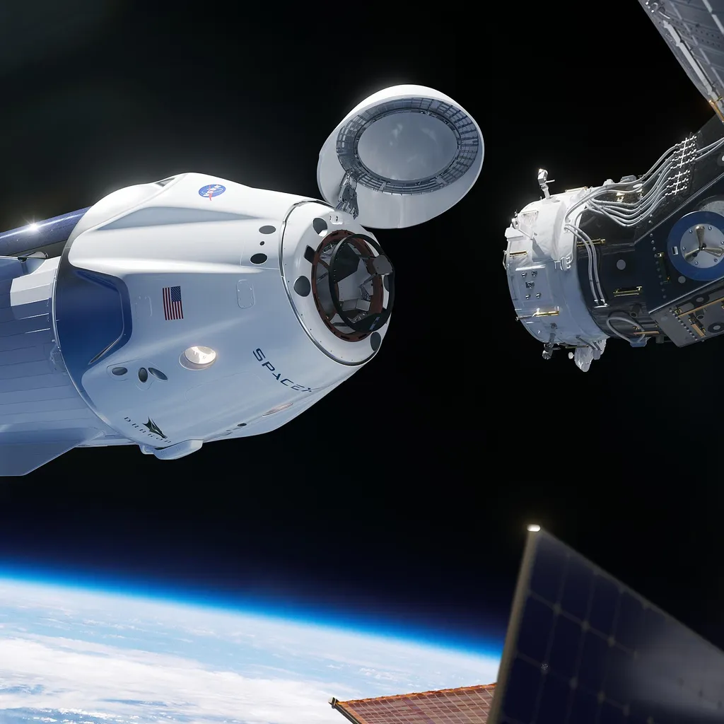 Crew Dragon approaches the Harmony space port on the ISS.