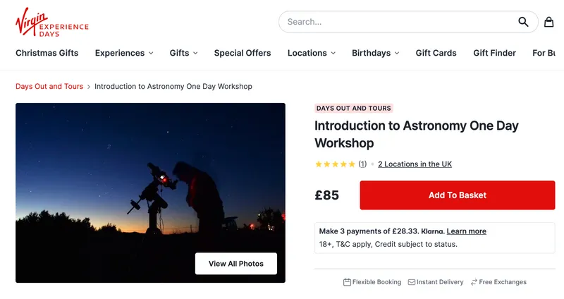 Introduction to Astronomy one day workshop with Virgin Experience Days.