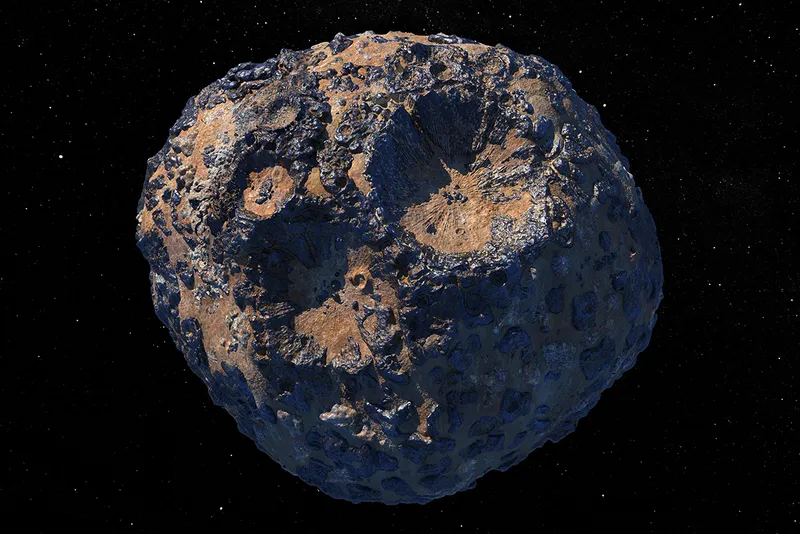 Artist’s concept of metal-rich asteroid 16 Psyche, located in the main asteroid belt between Mars and Jupiter. Credit: NASA/JPL-Caltech/ASU