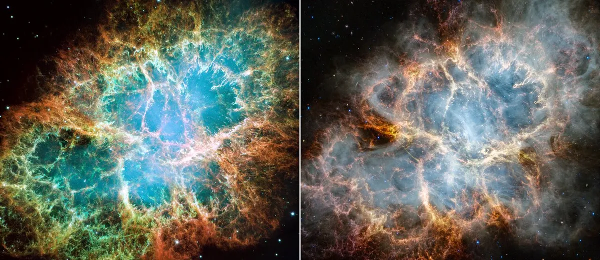 A comparison showing the Hubble image of the Crab Nebula (left) vs that captured by Webb (right). Credit: NASA, ESA, CSA, STScI, T. Temim (Princeton University)