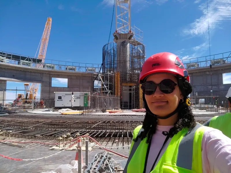 Telescope operator Abigail Frost at the nearby construction site for the Extremely Large Telescope.