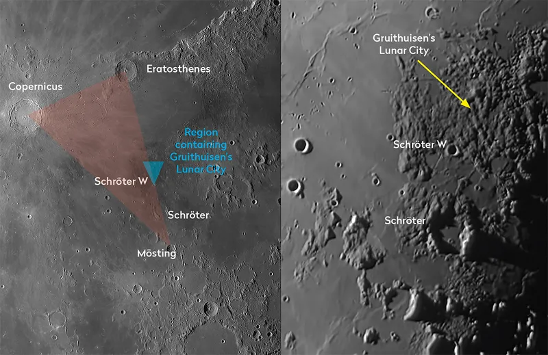 An image of the Moon showing how to find the effect known as Gruithuisen's Lunar City. Credit: Pete Lawrence
