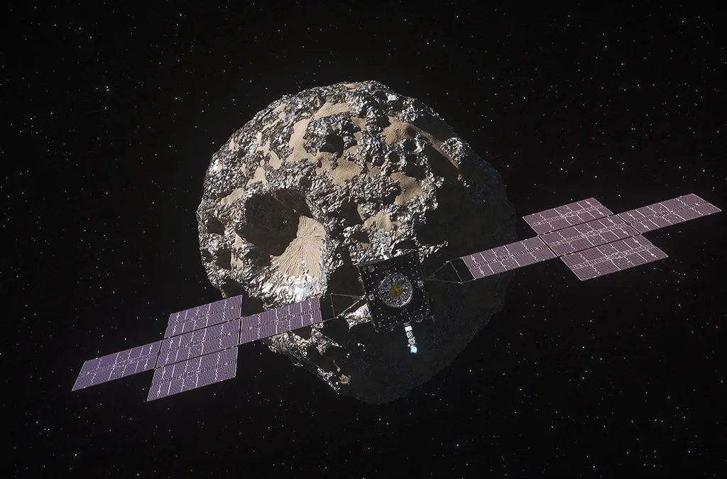 Artist's impression of the Psyche spacecraft exploring the asteroid. Credit: NASA/JPL-Caltech/ASU