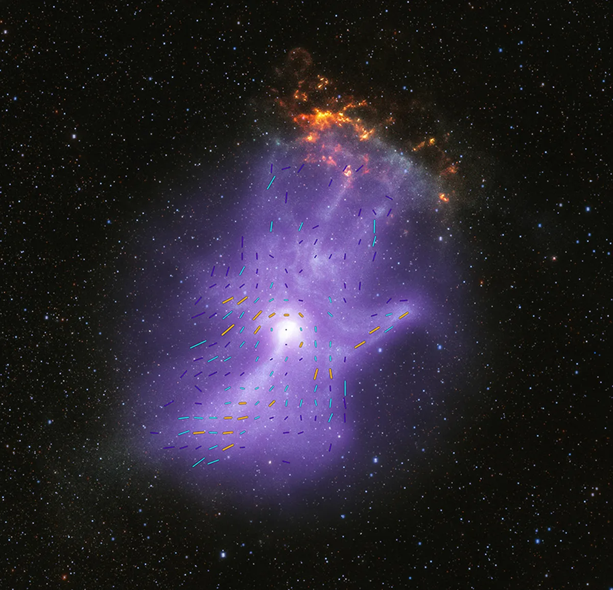 A view of pulsar wind nebula MSH 15-52, famous for looking like a ghostly cosmic hand. Lines show the mapping of the magnetic field. Credit: X-ray: NASA/CXC/Stanford Univ./R. Romani et al. (Chandra); NASA/MSFC (IXPE); Infrared: NASA/JPL-Caltech/DECaPS; Image Processing: NASA/CXC/SAO/J. Schmidt