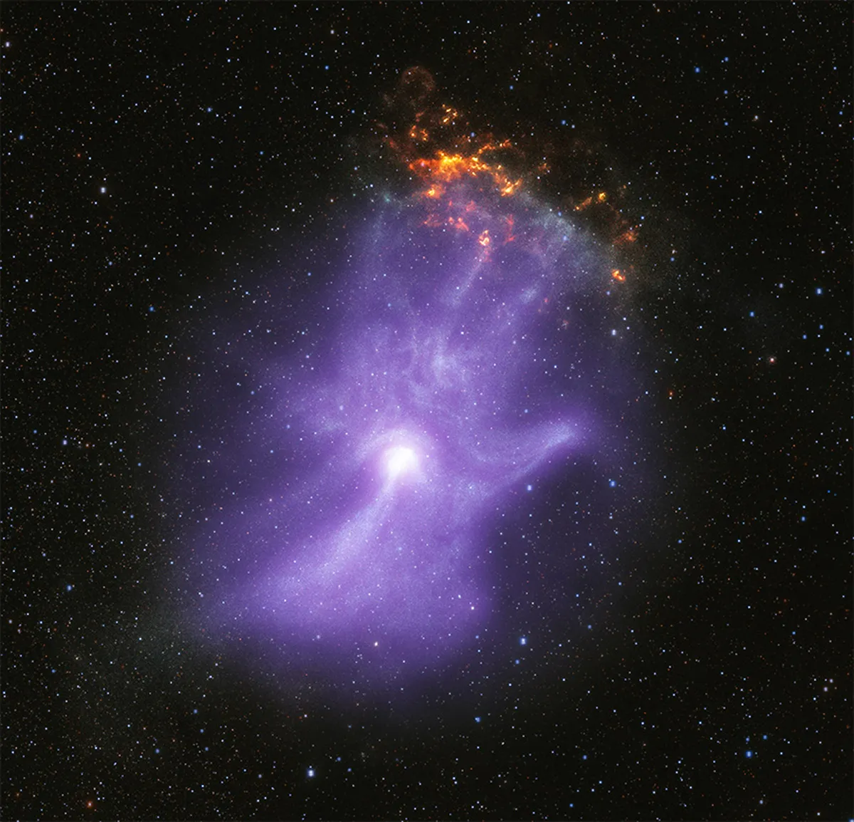 A view of pulsar wind nebula MSH 15-52, famous for looking like a ghostly cosmic hand. Credit: X-ray: NASA/CXC/Stanford Univ./R. Romani et al. (Chandra); NASA/MSFC (IXPE); Infrared: NASA/JPL-Caltech/DECaPS; Image Processing: NASA/CXC/SAO/J. Schmidt