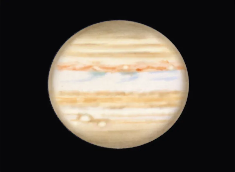 Sketch of Jupiter showing what it looks like through a large telescope. Credit: Paul Abel