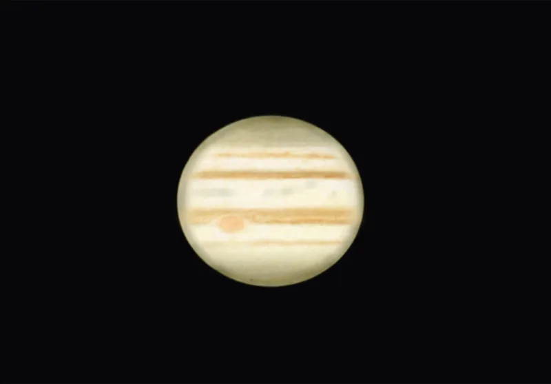 Sketch of Jupiter showing what it looks like through a small/medium telescope. Credit: Paul Abel