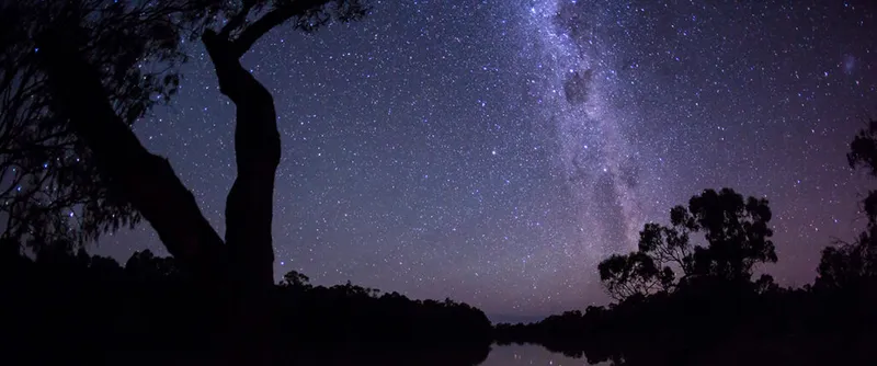 Milky Way over the Murray River. Stars reflected in the calm water. Silhouette of gum trees. Victoria. Australia. Credit: John White Photos / Getty Images