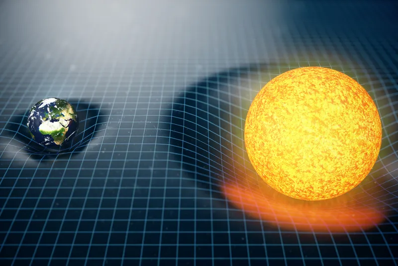 Earth and the Sun bend space-time, producing an effect known as gravity. But exactly what gravity is and how it's generated in the Universe, we don't yet know. Credit: Rost-9D