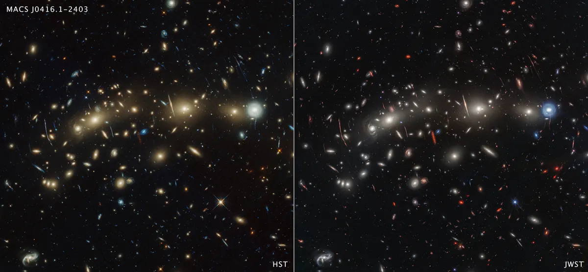 Comparison between Hubble's (left) and Webb's (right) view of MACS 0416, the Christmas Tree Galaxy Cluster. Credit: NASA, ESA, CSA, STScI
