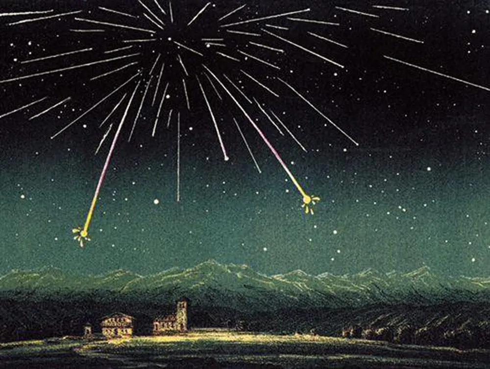 Sketch showing the Andromedid meteor shower on 27 November 1872. Credit: Amedee Guillemin - Le Ciel, 1877 / Wiki