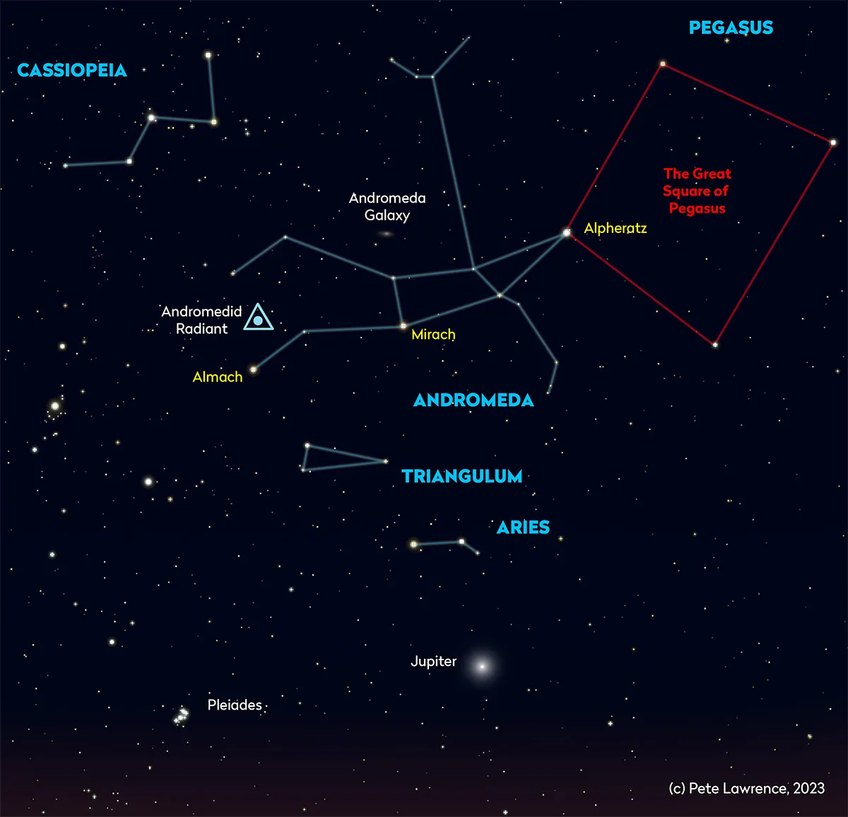 Chart showing the location of the radiant of the Andromedid meteor shower. Credit: Pete Lawrence