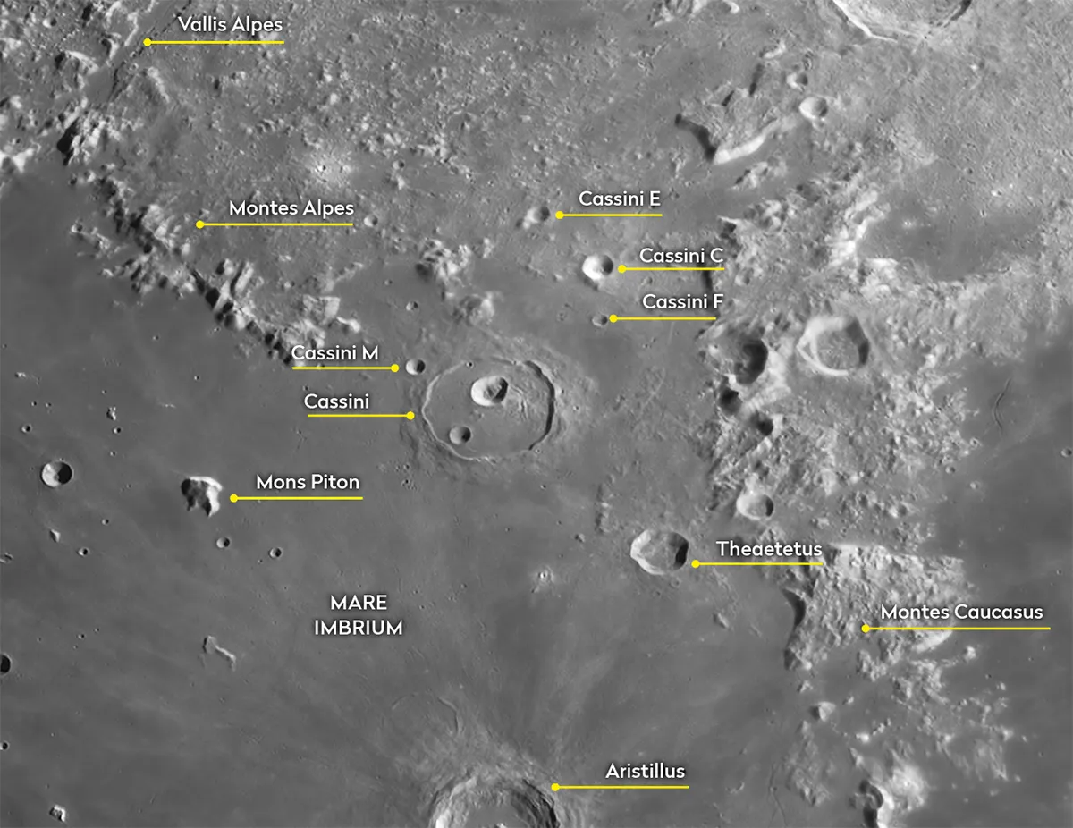 Lava-flooded Cassini Crater sits surrounded by mountains on Mare Imbrium’s eastern shore. Credit: Pete Lawrence