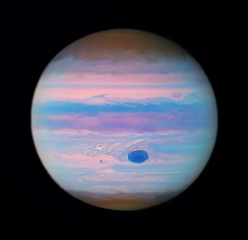 An image of Jupiter captured in ultraviolet light by the Hubble Space Telescope, released on 2 November 2023. Credit: NASA, ESA, and M. Wong (University of California - Berkeley); Processing: Gladys Kober (NASA/Catholic University of America)