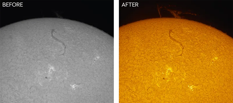 Before: Our original stacked hydrogen-alpha image of an active region of the Sun’s chromosphere. After: the final version after processing with AstroSurface and Affinity Photo to sharpen it, brighten the huge filament and prominences, and introduce vibrant colour. Credit: Dave Eagle