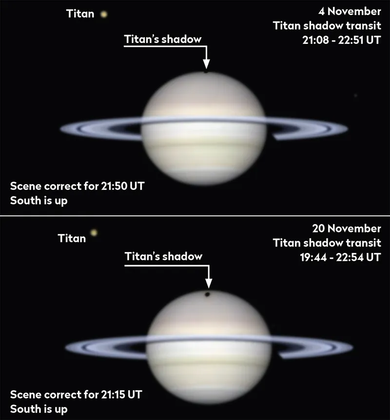 Titan’s shadow transits Saturn on the evenings of 4 and 20 November 2024. Credit: Pete Lawrence