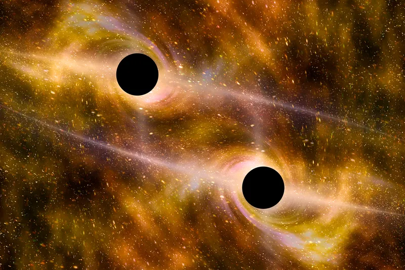 Artist's impression of two supermassive black holes merging. We don't truly know how this is possible in the Universe. Credit: Des Green / Getty Images