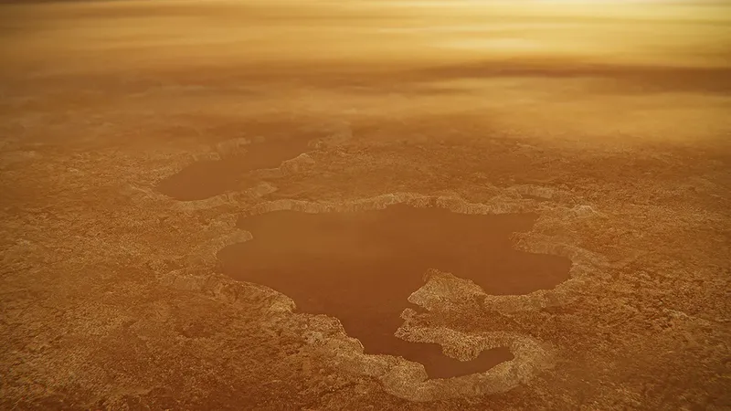 Artist’s concept of a lake at the north pole of Saturn’s moon Titan. Credit: NASA/JPL-Caltech