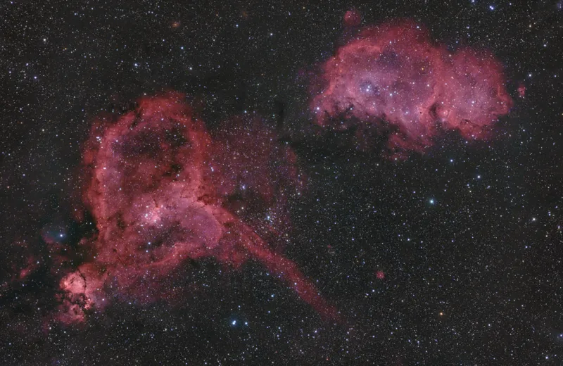 IC 1805, the Heart Nebula and IC 1848, the Soul Nebula Ronald Brecher, Guelph, Ontario, Canada, 22-23 October 2023 Equipment: QHY 367C Pro colour CMOS camera, Takahashi FS-60CB doublet APO refractor, Paramount MX mount