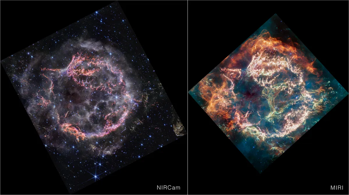 A comparison of supernova remnant Cassiopeia A as captured by NASA’s James Webb Space Telescope’s NIRCam (Near-Infrared Camera) and MIRI (Mid-Infrared Instrument). Credit: NASA, ESA, CSA, STScI, Danny Milisavljevic (Purdue University), Ilse De Looze (UGent), Tea Temim (Princeton University)a
