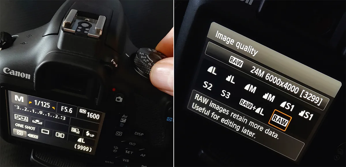 Select DSLR manual mode using the top dial (left) and set the image quality to uncompressed ‘raw’ format (right) to give yourself more processing options. Credit: Charlotte Daniels