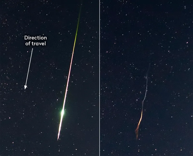 A bright meteor trail (left) flares towards the end of its track, an event which results in a bright, sinewy meteor train (right) caused by ionised gas lingering in the atmosphere. Credit: Pete Lawrence