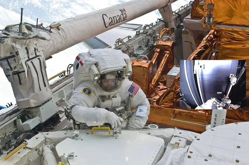 Brute force saves the day! STS-125 mission specialist Mike Massimino during a spacewalk to service the Hubble Space Station. Massimino forcibly removed the hand rail with a stripped bolt to continue repairs, as shown in the inset. Credit: NASA