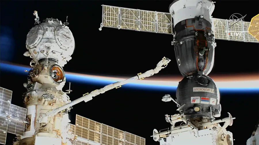 The European robotic arm controlled by cosmonaut Anna Kikina surveys the Soyuz MS-22 crew ship following the detection of a coolant leak, December 2022. Credit: NASA TV