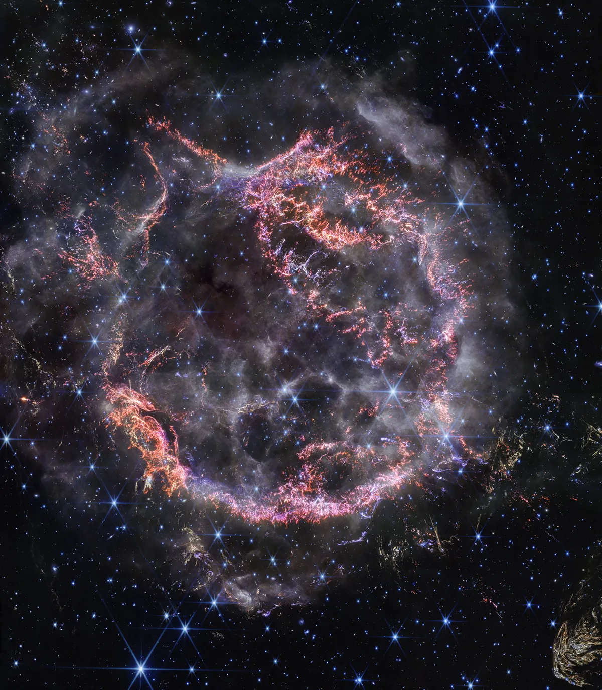 Webb Telescope NIRCam image of supernova remnant Cassopeia A. Credit: NASA, ESA, CSA, STScI, Danny Milisavljevic (Purdue University), Ilse De Looze (UGent), Tea Temim (Princeton University)