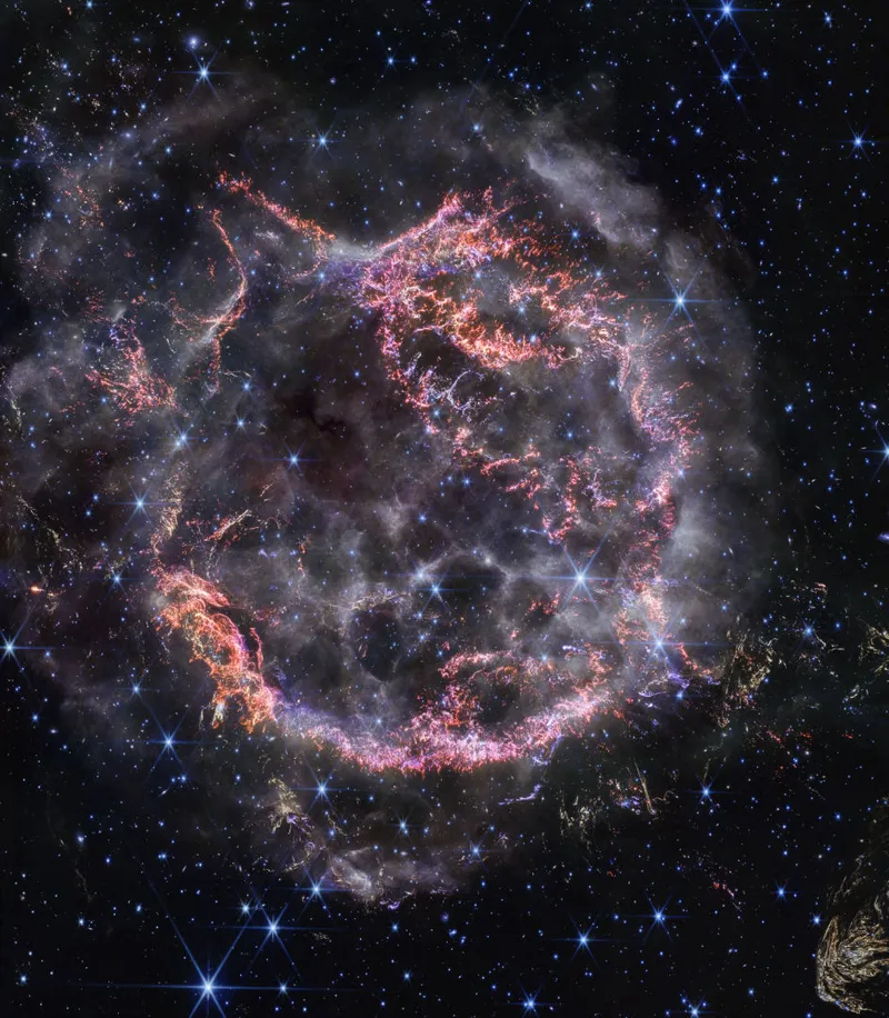 Supernova remnant Cassiopeia A
James Webb Space Telescope, 10 December 2023
Credit: NASA, ESA, CSA, STScI, Danny Milisavljevic (Purdue University), Ilse De Looze (UGent), Tea Temim (Princeton University)
