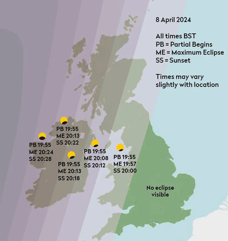 Chart showing the path of the April 8 2024 solar eclipse in the UK and Ireland. Credit: Pete Lawrence