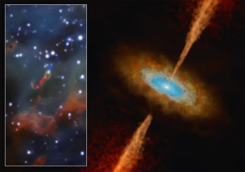 Artist’s impression of HH1177 and (inset) the red- and blueshifted jets seen shooting from the fledgling star disc. Credit: ESO/M. Kornmesser, ESO/A McLeod et al.