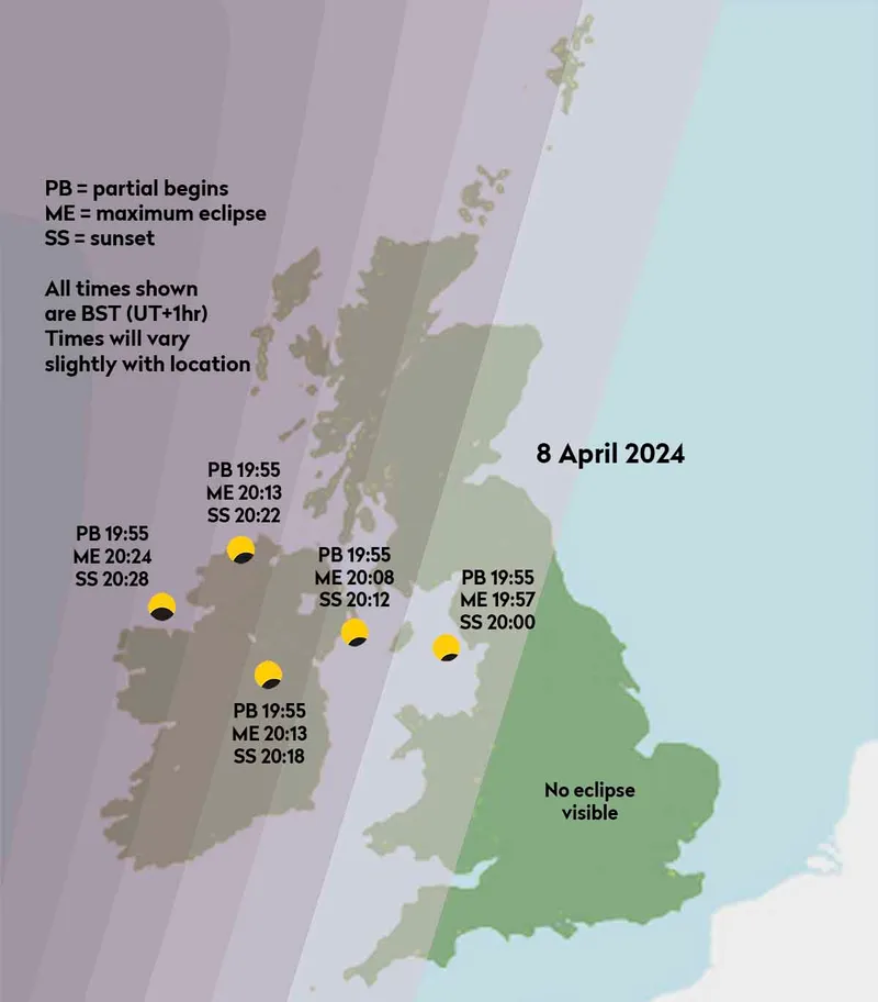 Chart showing how the April 8 2024 solar eclipse will appear from the UK. Credit: Pete Lawrence