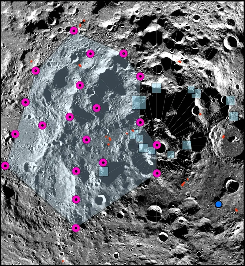 Diagram showing the potential locations for one of the strongest moonquakes recorded by the Apollo Passive Seismic Experiment in the lunar south polar region. The exact location of the epicenter could not be accurately determined. Blue boxes show locations of proposed Artemis III landing regions. Lobate thrust fault scarps are shown by small red lines. Credit: NASA/LROC/ASU/Smithsonian Institution