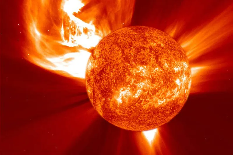 A coronal mass ejection escaping from the surface of the Sun, revealing bright detail in the ejected material. This image was captured by NASA's Solar and Heliospheric Observatory on 4 January 2002. Credit: NASA/SOHO