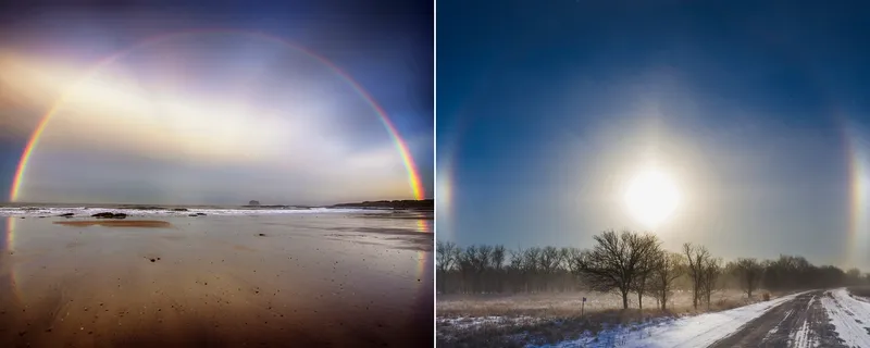 Rainbow (left) vs Sun dog (right). A key difference is that in a rainbow red appears top, whereas in a Sun dog it appears bottom. Credit: 	Westend61 / Mike Hollingshead / Getty Images