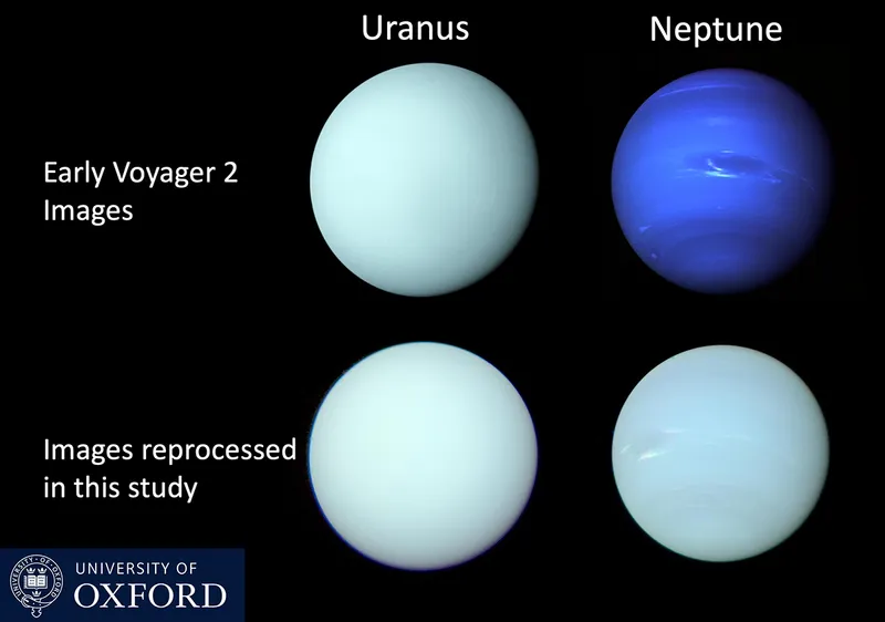 Voyager 2/ISS images of Uranus and Neptune released shortly after the Voyager 2 flybys in 1986 and 1989, respectively, compared with a reprocessing of the individual filter images in the study  'Modelling the seasonal cycle of Uranus’s colour and magnitude, and comparison with Neptune', Patrick G.J. Irwin et al.