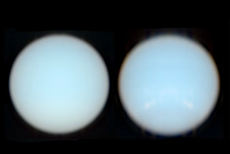 HST/STIS images of Uranus and Neptune from 2002 and 2003, respectively, reprocessed for true colour by the authors of the study 'Modelling the seasonal cycle of Uranus’s colour and magnitude, and comparison with Neptune', Patrick G.J. Irwin et al.