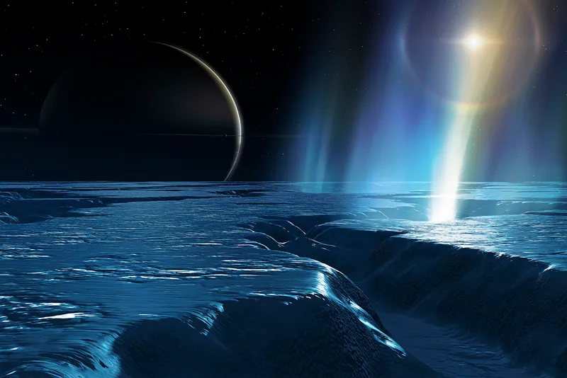 Artist's impression of water plumes escaping from Saturn's moon Enceladus. Credit: Mark Garlick / Science Photo Library / Getty Images