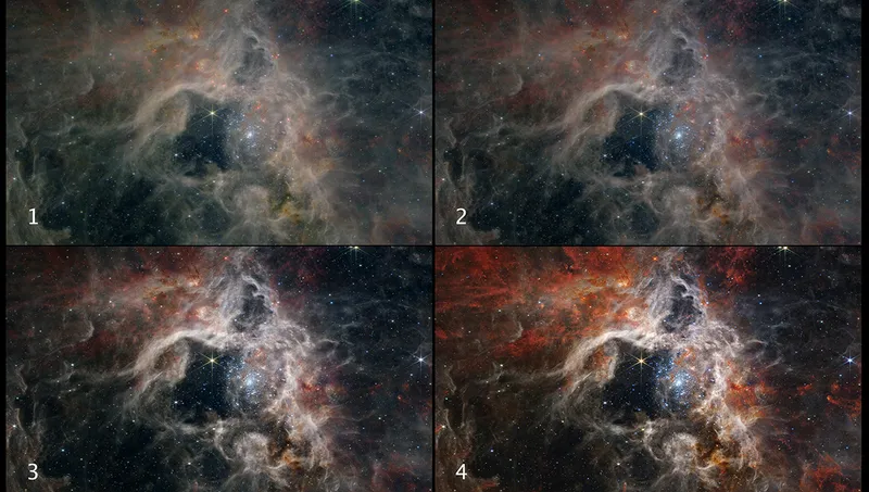 Balancing the colours in the JWST image of 30 Doradus, from initial colour composite to finished image