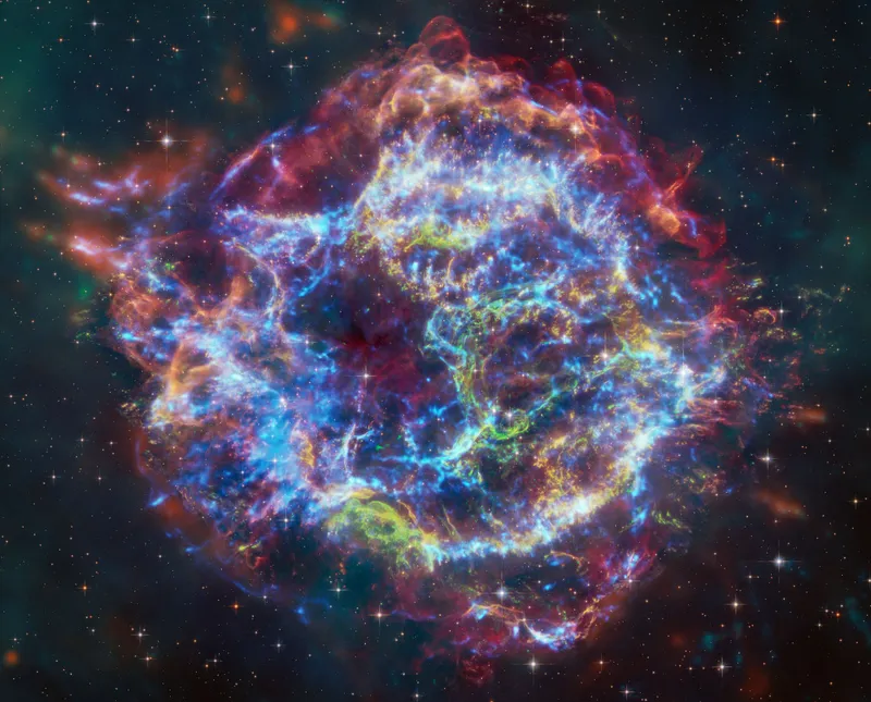 Supernova remnant Cassiopeia A James Webb Space Telescope/Chandra X-Ray Observatory, 8 January 2024 Credit: X-ray: NASA/CXC/SAO; Optical: NASA/ESA/STScI; IR: NASA/ESA/CSA/STScl/Milisavljevic et al, NASA/JPL/CalTech; Image Processing: NASA/CXC/SAO/J. Schmidt and K. Arcand