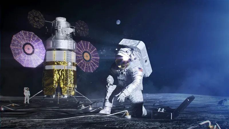 Two astronauts work on the Moon in front of a large robotic lander