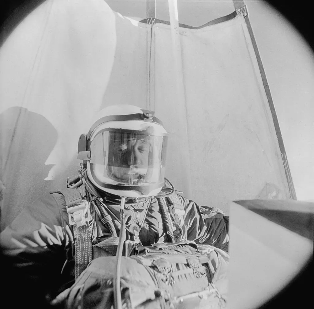 Air Force Captain Joseph M. Kittinger Jr., just as he starts the jump that set his record breaking 102,800 parachute jump over southern New Mexico August 8th. Credit: Bettmann / Getty Images