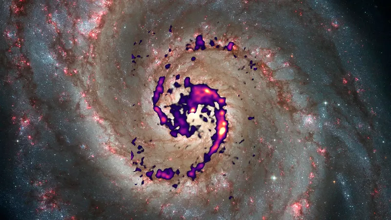 Star formation in the Whirlpool Galaxy. Illustration showing the distribution of diazenylium molecule radiation in the Whirlpool Galaxy. Credit: Thomas Müller (HdA/MPIA), S. Stuber et al. (MPIA), NASA, ESA, S. Beckwith (STScI) und das Hubble Heritage Team (STScI/AURA)Credit: Thomas Müller (HdA/MPIA), S. Stuber et al. (MPIA), NASA, ESA, S. Beckwith (STScI) und das Hubble Heritage Team (STScI/AURA)