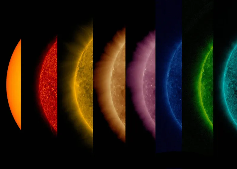 What colour is the Sun? Depends on the wavelength! These images show the Sun from its surface to its upper atmosphere. First shows the surface of the Sun in filtered white light; the other seven images were taken in different wavelengths of extreme ultraviolet light. They are shown in order of temperature from the first one at 6,000 degree C. surface out to about 10 million degrees C. in the upper atmosphere. Credit: NASA/GSFC/Solar Dynamics Observatory