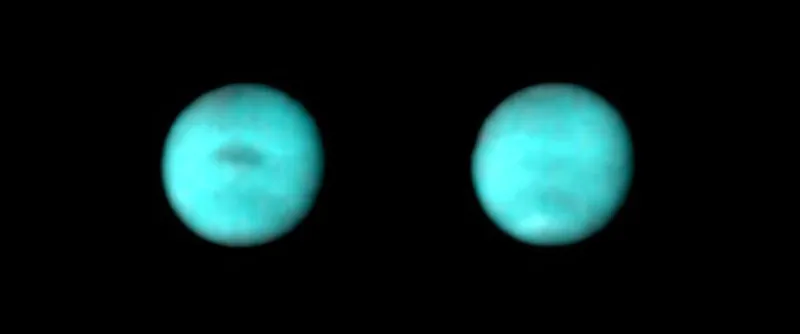 Photos of Neptune captured Voyager 2 on 26 April 1989. Image on the right was taken 5 hours after that at left, during which time the planet rotated 100 degrees. Credit: NASA/JPL-Caltech