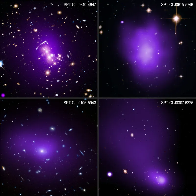 Distant galaxy clusters Chandra X-Ray Observatory/Hubble Space Telescope, 11 January 2024 Credit: X-ray: NASA/CXC/MIT/M. Calzadilla el al.; Optical: NASA/ESA/STScI; Image Processing: NASA/CXC/SAO/N. Wolk & J. Major
