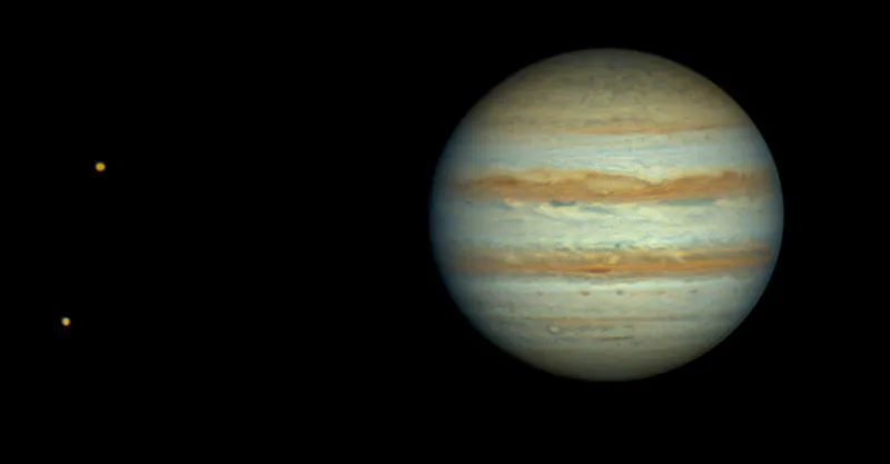 Jupiter, Io and Europa John Chumack, Dayton, Ohio, USA, 3 October 2023 Equipment: QHY 5III462C colour CMOS camera, Celestron C11 Schmidt-Cassegrain, Software Bisque Paramount MyT mount
