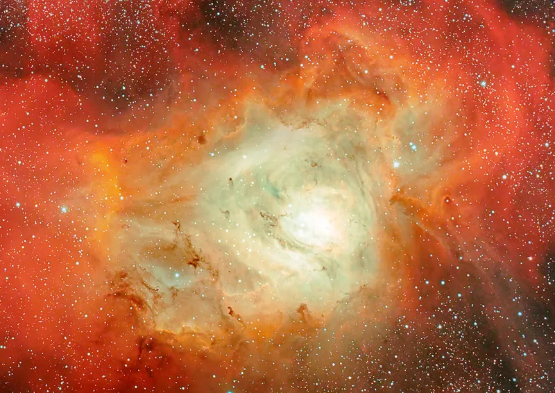 A beautifully deep and detailed Lagoon Nebula captured using the First Light Optics Remote Observatory. 16 hours of 10-minute exposures. Credit: Tim Jardine